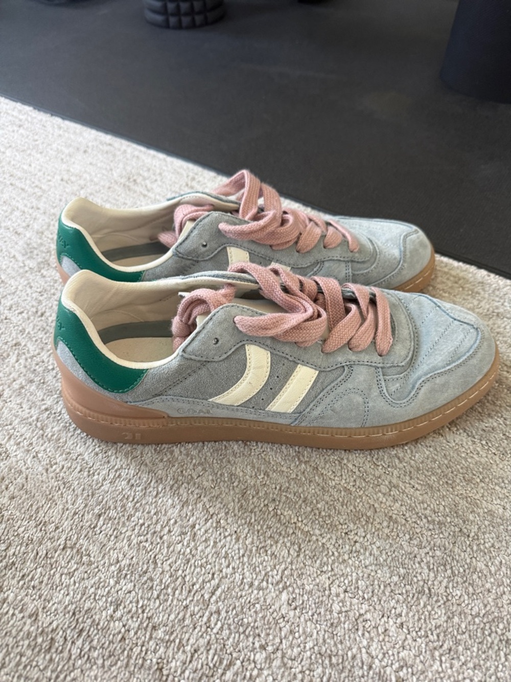 Coolway Gray Suede Sneakers with Pink Laces and Green Heel